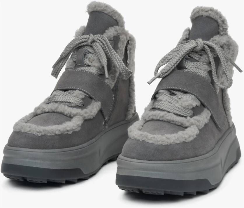 Estro Donkergrijze fluwelen enkellaarsjes voor dames voor de winter met wollen voering Gray Dames