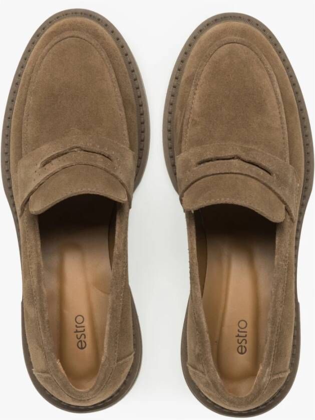 Estro Lichtbruine Penny Loafers voor dames gemaakt van Premium Italiaans Echt Velours Brown Dames