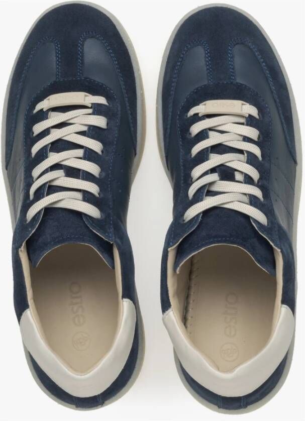 Estro Dames Donkerblauwe Lage Sneakers met Beige Details gemaakt van Italiaans Echt Leer en Velours Er00115731 Blue Dames