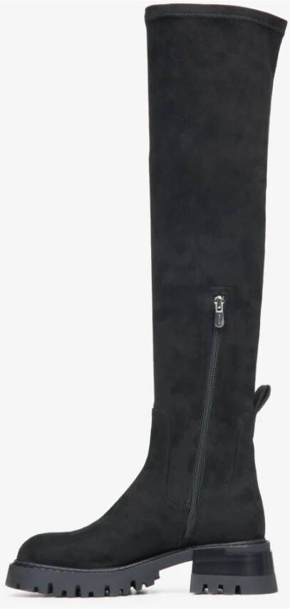 Estro Luxe Zwarte Kniehoge Laarzen van Echt Velours Black Dames
