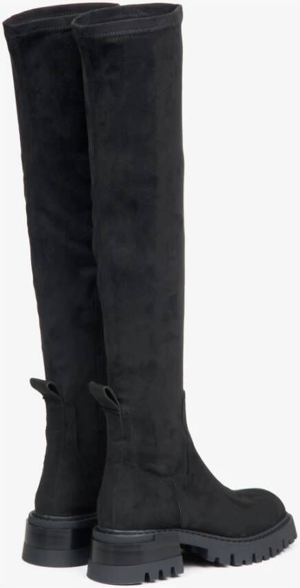 Estro Luxe Zwarte Kniehoge Laarzen van Echt Velours Black Dames