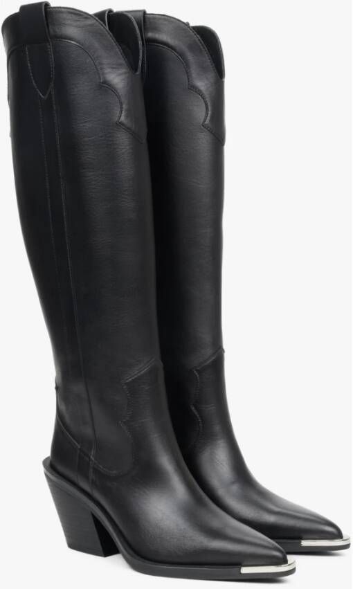 Estro Dames Hoge Zwarte Cowboy Laarzen gemaakt van Italiaans Echt Leer Er00112046 Black Dames