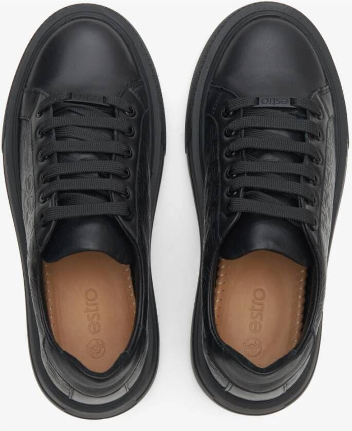 Estro Dames Zwarte Sneakers gemaakt van Echt Leer met Dikke Zool Er00114395 Black Dames