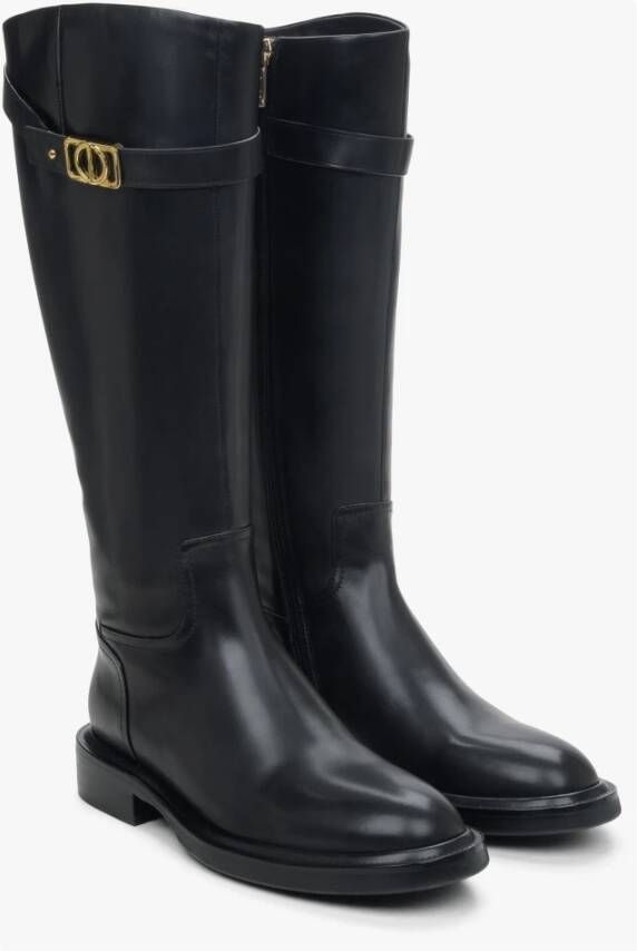 Estro Dames Zwarte Leren Laarzen met Decoratieve Band Er00114257 Black Dames