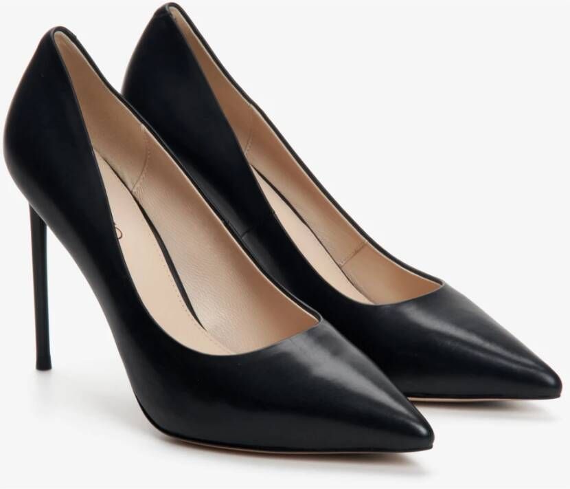 Estro Dames Zwarte Leren Puntige Neus Hoge Hakken Er00110048 Black Dames