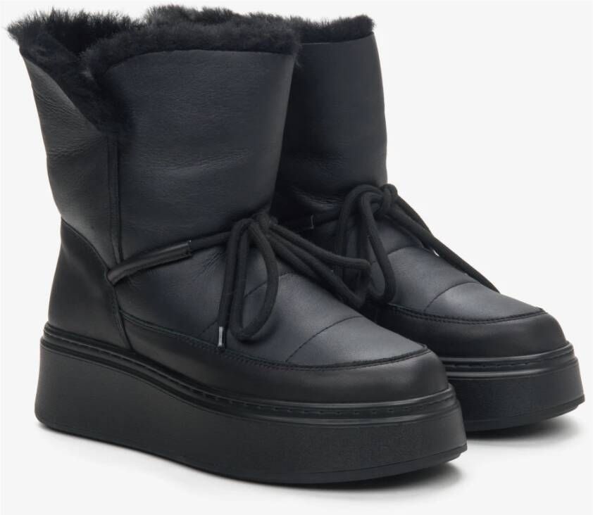 Estro Dames Zwarte Leren Bontgevoerde Showlaarzen Er00114224 Black Dames