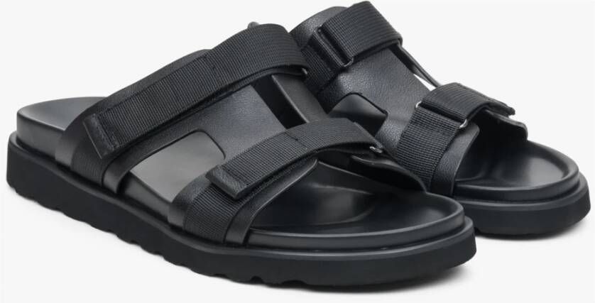 Estro Heren Zwarte Leren Slides met een Flexibele Zool Er00113412 Black Heren