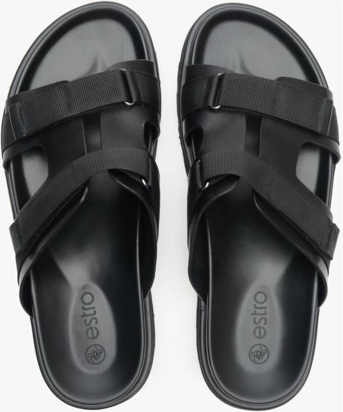 Estro Heren Zwarte Leren Slides met een Flexibele Zool Er00113412 Black Heren