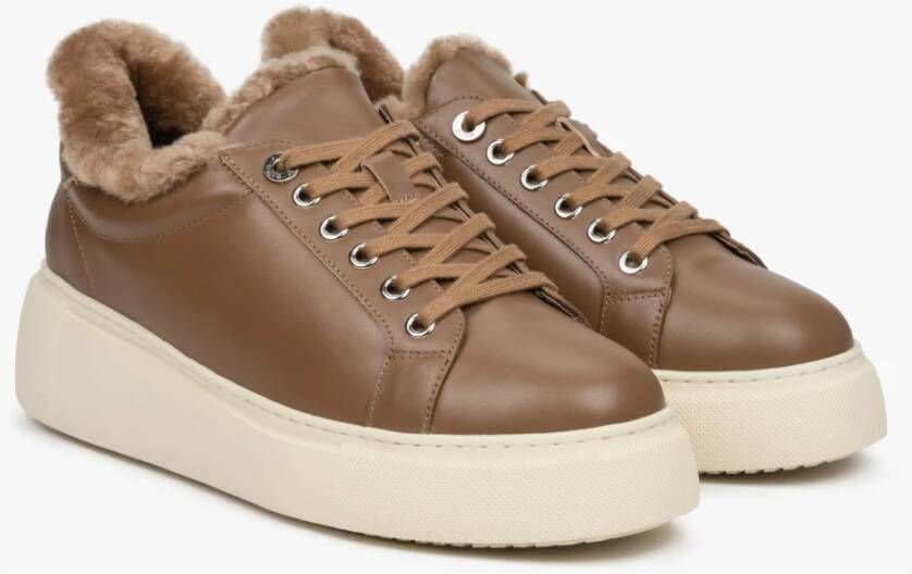 Estro Dames Bruin Leren & Bont Lage Sneakers voor de Winter Er00112116 Brown Dames