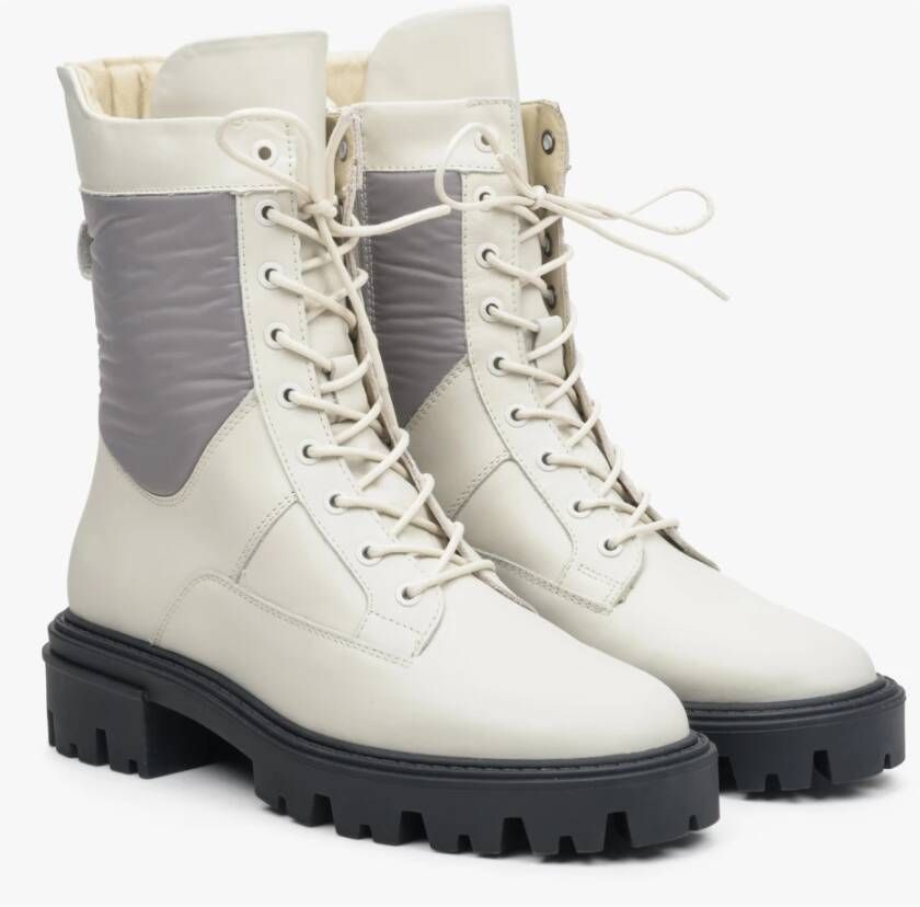 Estro Dames Beige & Grijs Echt Leren Enkellaarzen met Gouden Ornament Er00113502 Multicolor Dames