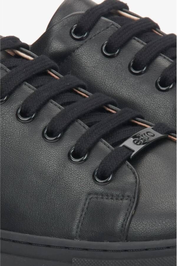 Estro Zwarte Leren Lage Sneakers Er00116627 Black Dames