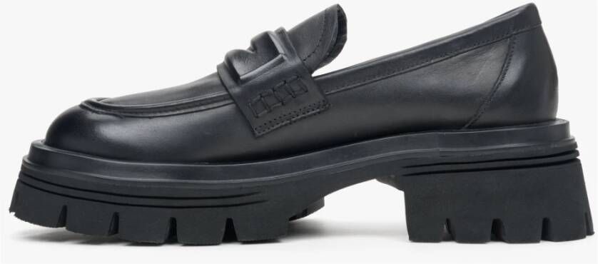 Estro Zwarte Leren Loafers met Dikke Zool Black Dames