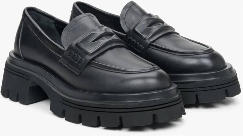 Estro Zwarte Leren Loafers met Dikke Zool Black Dames