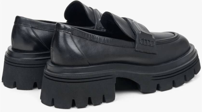 Estro Zwarte Leren Loafers met Dikke Zool Black Dames