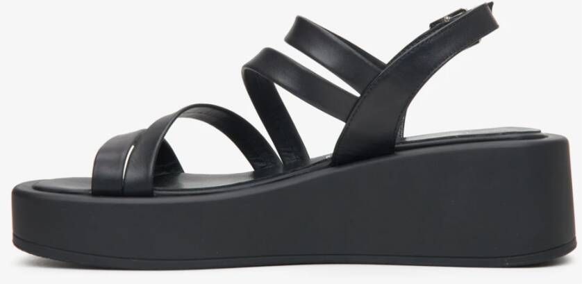 Estro Zwarte Leren Sleehak Sandalen Verhoog Stijl Black Dames