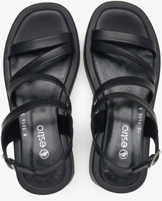 Estro Zwarte Leren Sleehak Sandalen Verhoog Stijl Black Dames