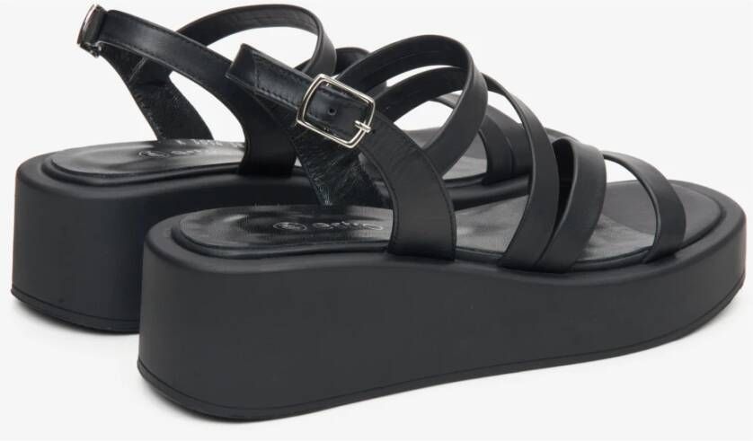 Estro Zwarte Leren Sleehak Sandalen Verhoog Stijl Black Dames