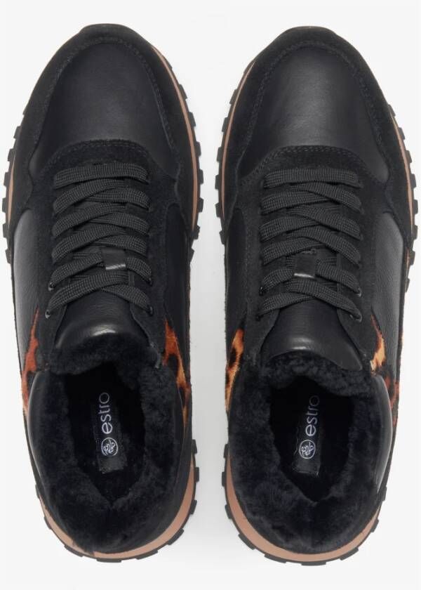Estro Zwarte leren sneakers voor dames voor de winter met bontvoering Black Dames