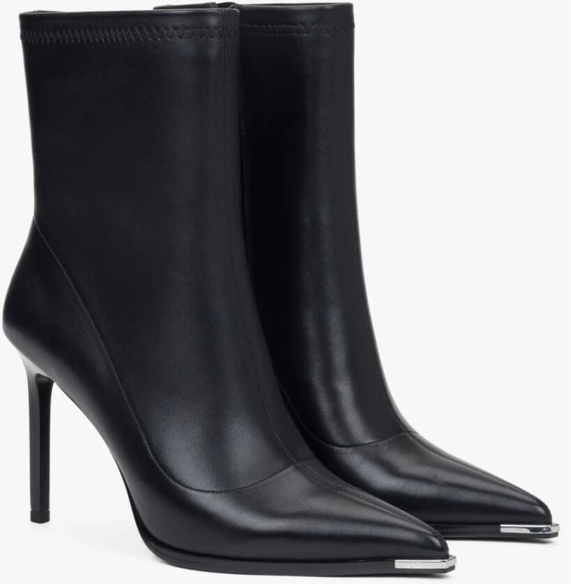 Estro Zwarte Leren Stiletto Enkellaarzen met Elastische Schacht Black Dames