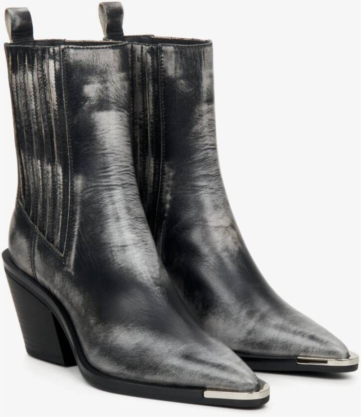 Estro Zwarte Leren Vintage Cowboy Laarzen voor Vrouwen met Zilveren Details Black Dames