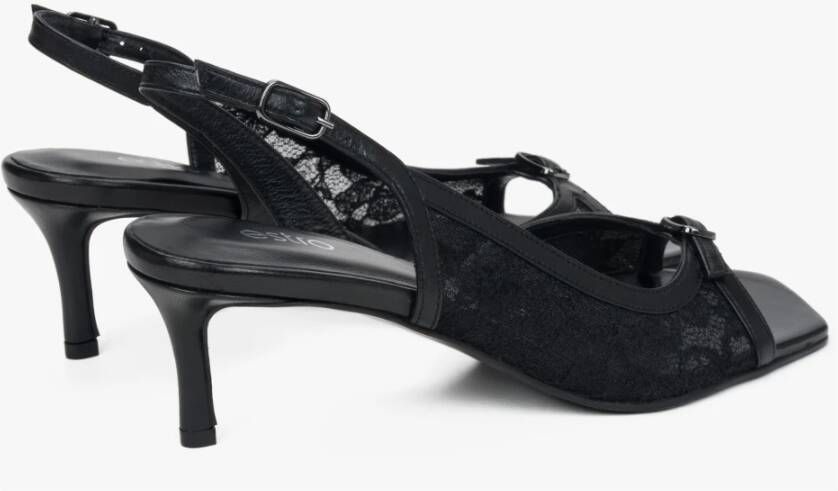 Estro Zwarte slingback sandalen met hak en decoratieve kant voor vrouwen