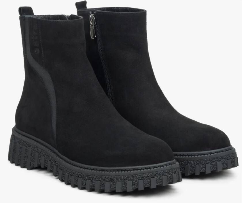 Estro Dames Zwarte Velours Enkellaarzen Geïsoleerd met Bont Black Dames
