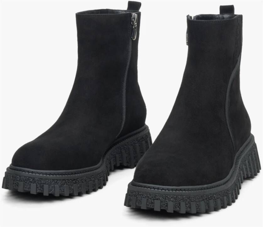 Estro Dames Zwarte Velours Enkellaarzen Geïsoleerd met Bont Black Dames