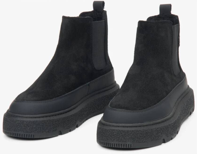 Estro Zwarte winter Chelsea-laarzen voor dames gemaakt van Italiaans echt velours met bont Black Dames