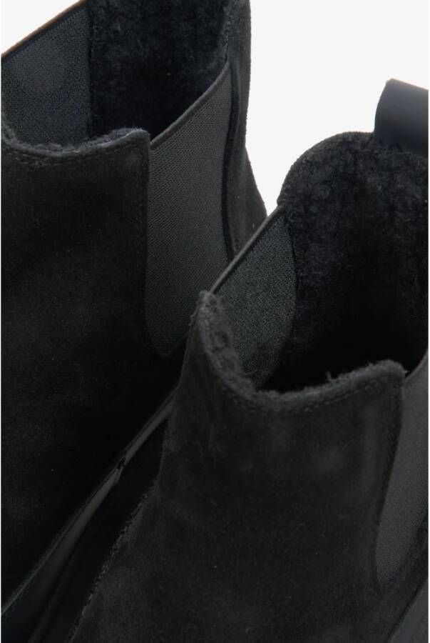 Estro Zwarte winter Chelsea-laarzen voor dames gemaakt van Italiaans echt velours met bont Black Dames