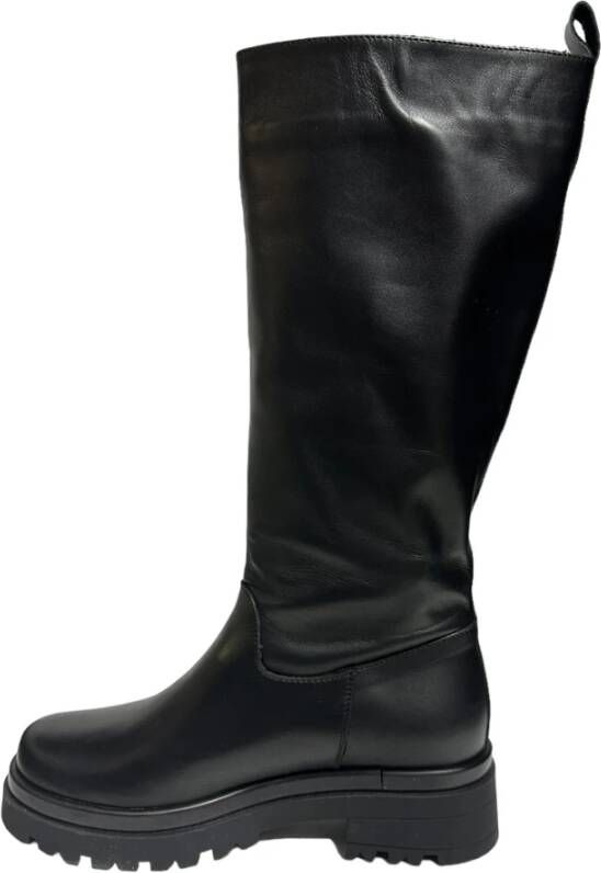Exton Zwarte leren kuitlaarzen Black Dames