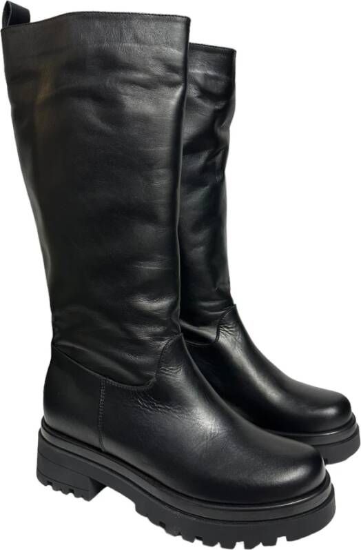 Exton Zwarte leren kuitlaarzen Black Dames