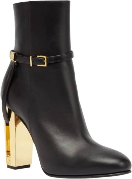 Fendi Zwarte leren Delfina enkellaarsjes met gouden stilettohak Black Dames