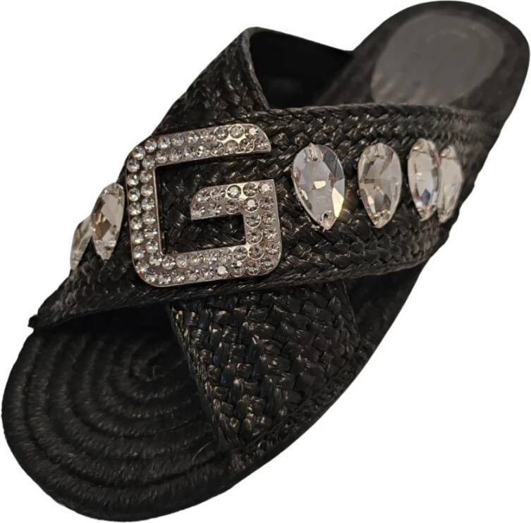 Gaëlle Paris Zwarte Logo Embellished Platte Sandalen