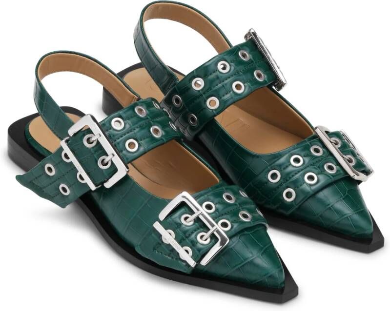 Ganni Groene Vrouwelijke Gesp Ballerina Croco Schoenen