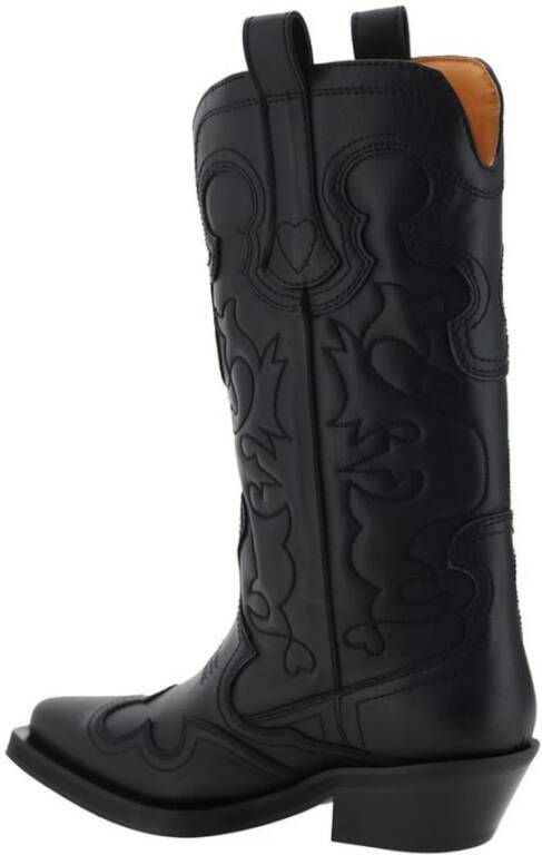 Ganni Texaans Patroon Leren Blokhak Laarzen Black Dames