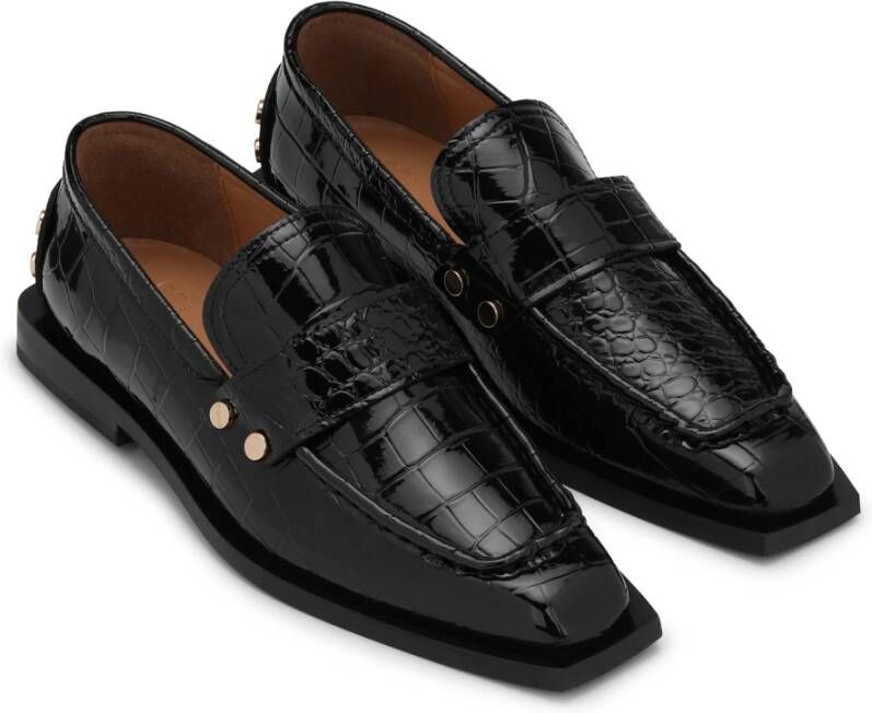 Ganni Zwarte Studs Square Loafer Croco Schoenen