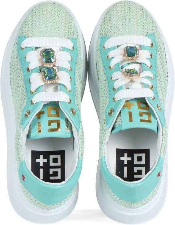 Gio+ Gevlochten Leren en Stro Sneakers Green Dames