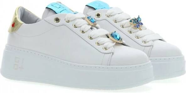 Gio+ Witte leren damessneakers met turquoise en gouden accenten