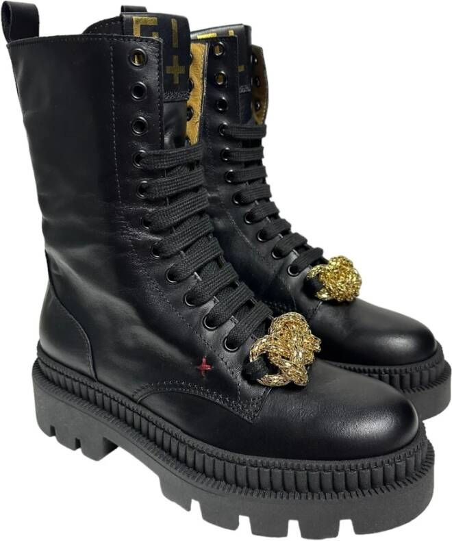 Gio+ Zwarte leren enkellaarzen met gouden detail Black Dames