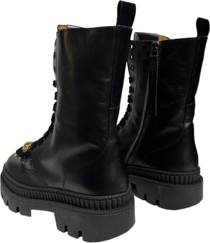 Gio+ Zwarte leren enkellaarzen met gouden detail Black Dames