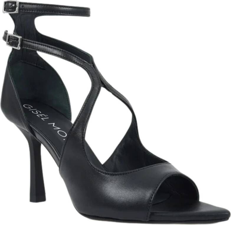 Gisel Moire Zwarte leren hoge hak sandalen Black Dames
