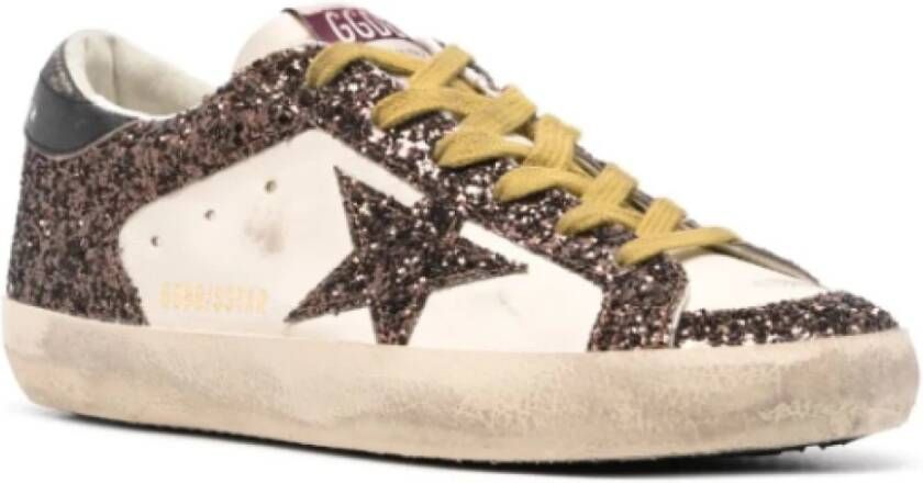 Golden Goose Beige Bruine leren sneakers met glitterdetail Brown Dames