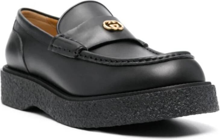 Gucci GG Logo Plaque Loafers Zwart Leer Black Heren