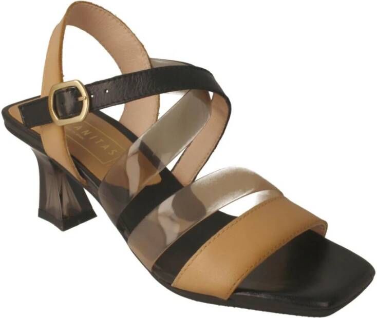 Hispanitas Beige en Zwart T-Strap Hoge Hak Sandalen Beige Dames