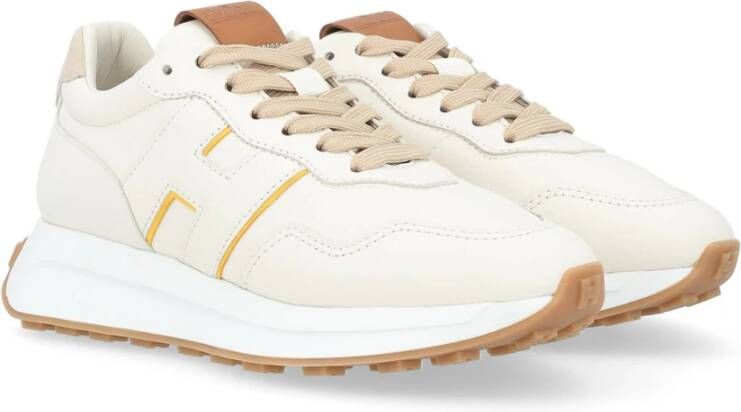 Hogan Ivoorleren sneakers met leren en gele details Beige Dames