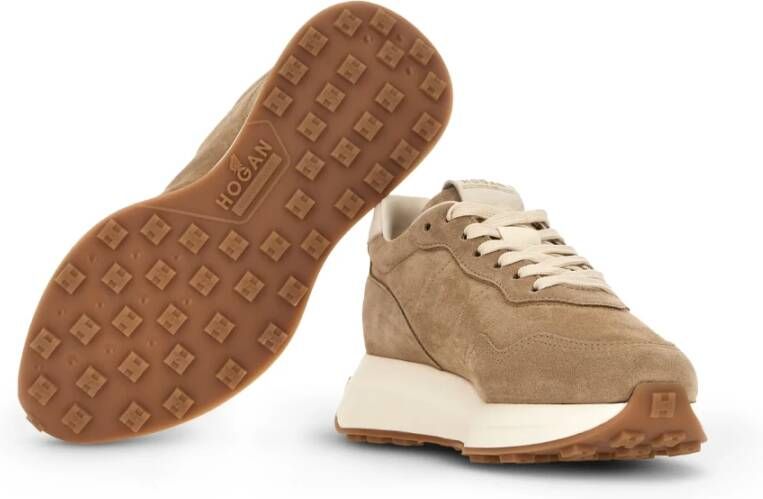 Hogan Kameel Suède Sneakers met Ivoorleren Inzetstukken
