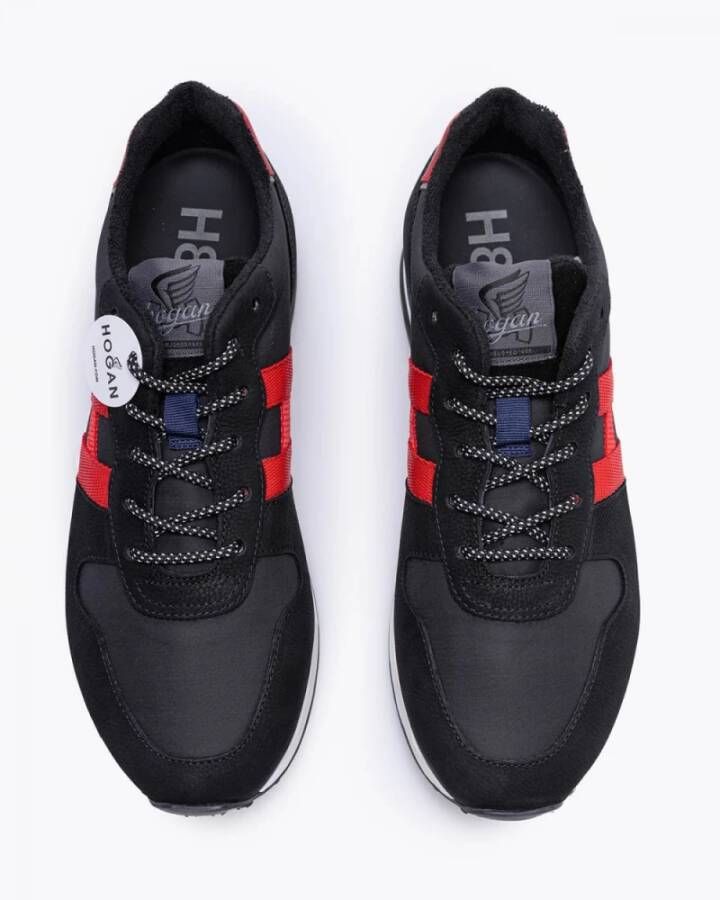Hogan Zwarte Leren Sneakers met Rode Hak en Tricolor Rubberen Zool Zwart Heren