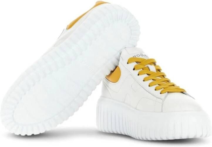 Hogan Witte Leren Sneaker met Dikke Gele Rubberen Zool White Dames