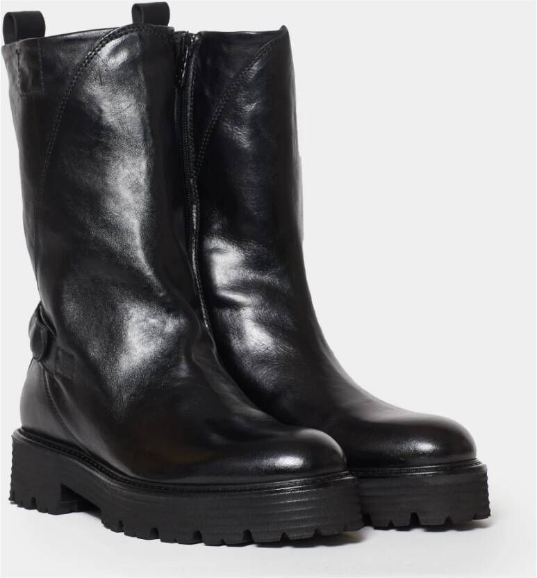 Hundred100 Zwarte leren biker enkellaarzen Black Dames
