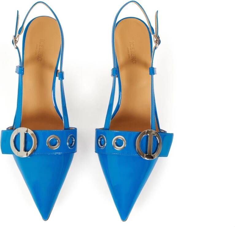 Iceberg Turquoise patentleren slingback schoen met puntige neus en metalen monogram